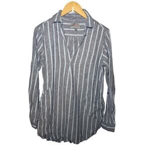 Linen Cotton Forcynthia Beach blue White stripe Button Down Long sleeve M Shirt